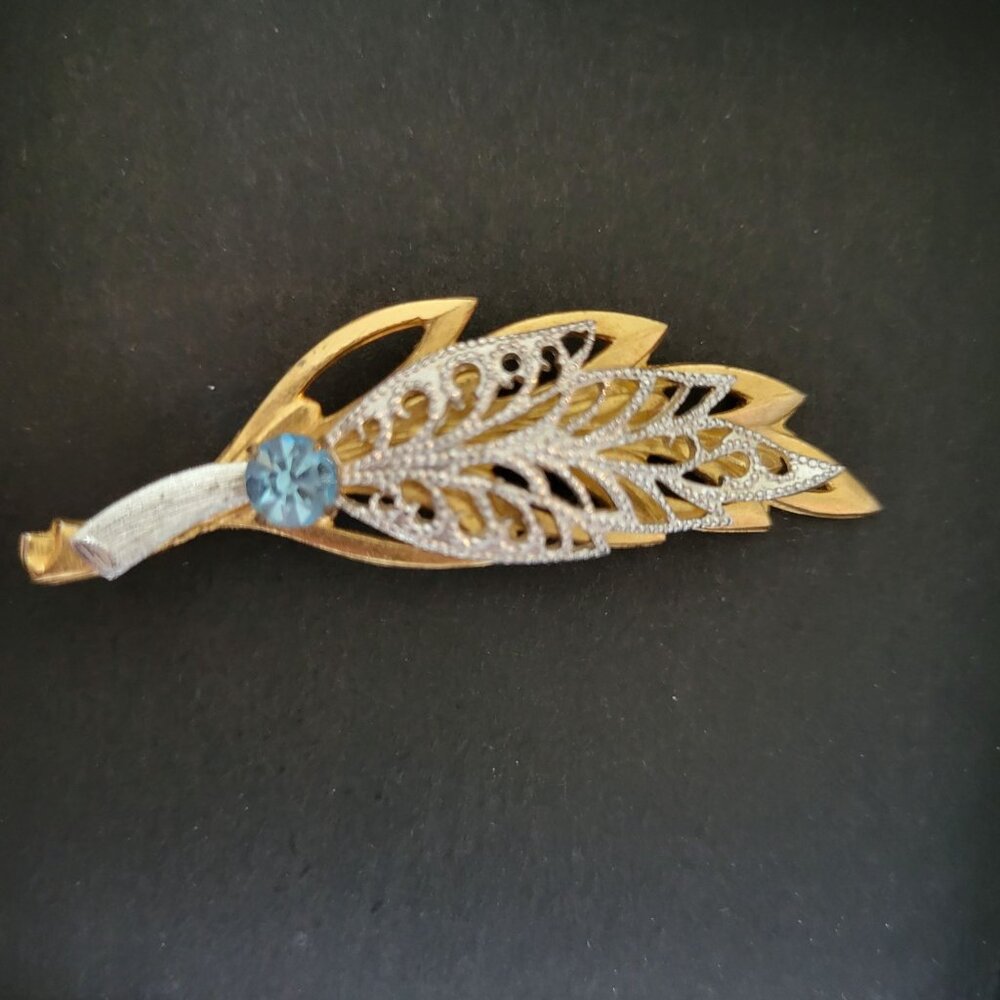 Vintage Gold Leaf Brooch With Blue Rhinestone